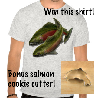 person wearing t-shirt with graphic of two intertwined salmon